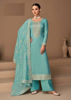 Light blue silk blend embroidery semi stitched suits 1