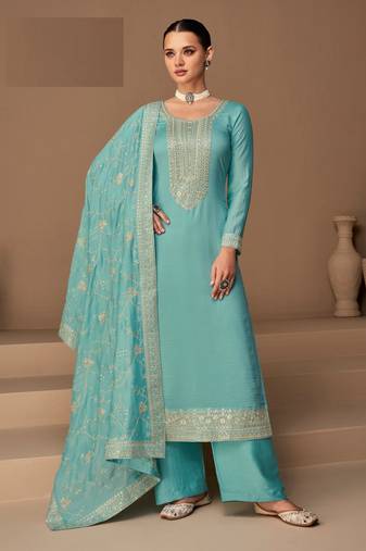 Light blue silk blend embroidery semi stitched suits