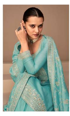 Light blue silk blend embroidery semi stitched suits 2