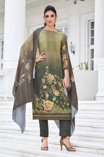 Green Embroidered Cotton  Straight Suit Free size full stitched Up To 42" Size