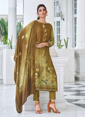 Olive Green Embroidered Cotton Straight Suit Free size full stitched Up To 42" Size 1