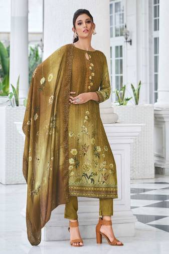 Olive Green Embroidered Cotton  Straight Suit Free size full stitched Up To 42" Size
