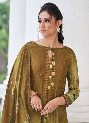 Olive Green Embroidered Cotton Straight Suit Free size full stitched Up To 42" Size 2