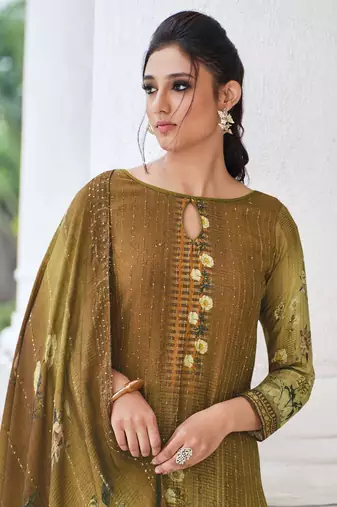 Olive Green Embroidered Cotton Straight Suit Free size full stitched Up To 42" Size