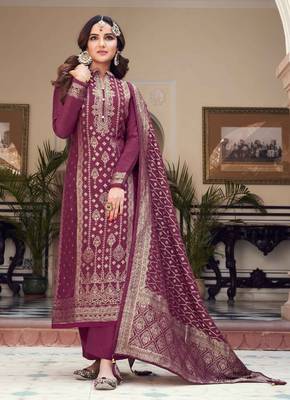 Purple Embroidered Jacquard Semi-Stitched Straight Suit Up To 42" Size 1