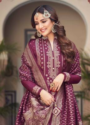 Purple Embroidered Jacquard Semi-Stitched Straight Suit Up To 42" Size 2
