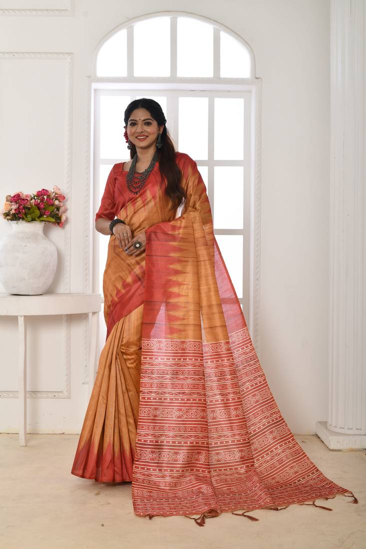 ORANGE CREAME BEAUTIFUL LINEAN COTTON TREANDY SAREE