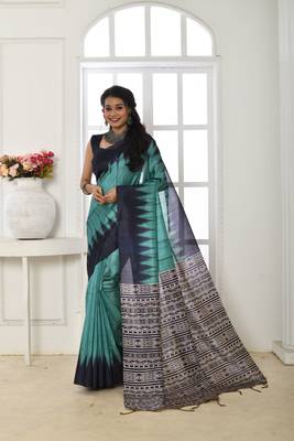 TEAL BEAUTIFUL LINEAN COTTON TREANDY SAREE 1