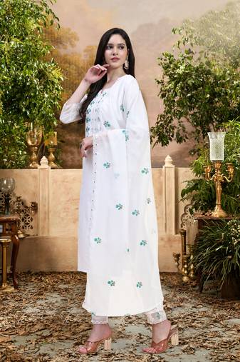 Trendmalls White Cotton Embroidery Kurta Pant with Dupatta Salwar Suit 3 Piece Set