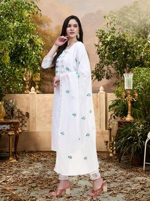 Trendmalls White Cotton Embroidery Kurta Pant with Dupatta Salwar Suit 3 Piece Set 1