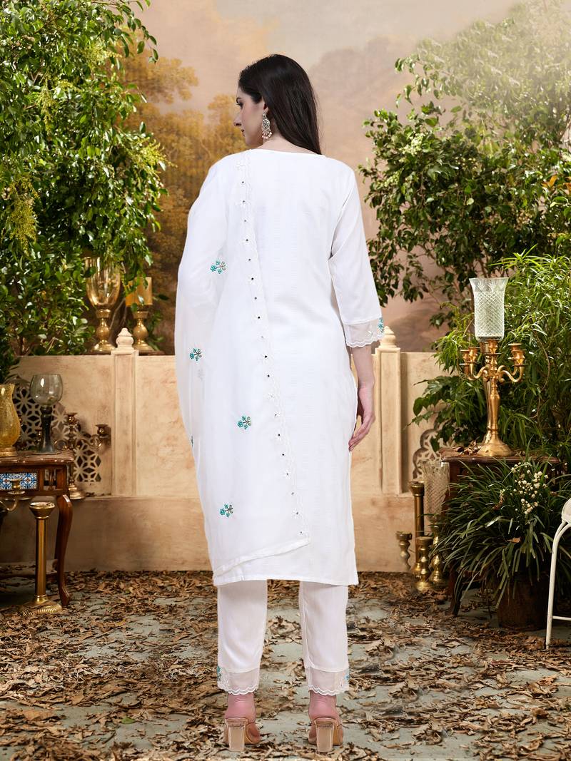 Trendmalls White Cotton Embroidery Kurta Pant with Dupatta Salwar Suit 3 Piece Set