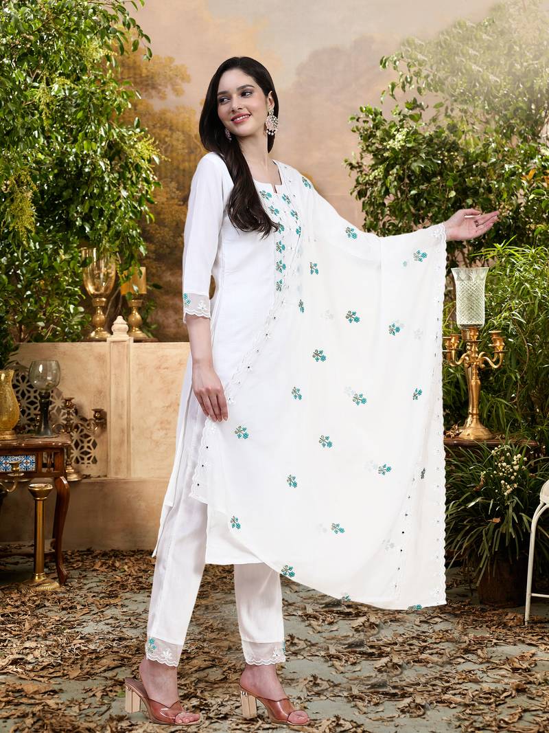 Trendmalls White Cotton Embroidery Kurta Pant with Dupatta Salwar Suit 3 Piece Set