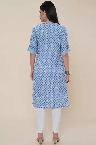 Anushil women cotton butti printed degisn 3/4th sleeves round keyhole neck with button kurti