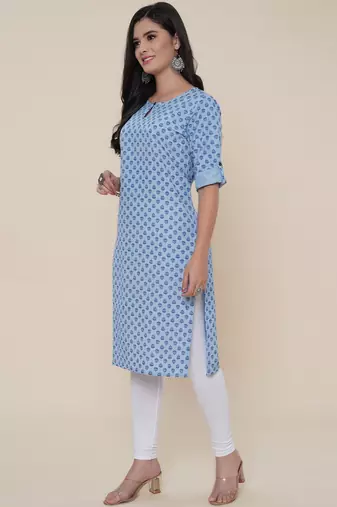 Anushil women cotton butti printed degisn 3/4th sleeves round keyhole neck with button kurti