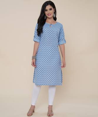Anushil women cotton butti printed degisn 3/4th sleeves round keyhole neck with button kurti 4