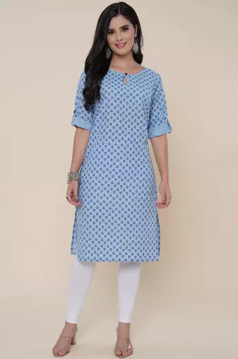 Anushil women cotton butti printed degisn 3/4th sleeves round keyhole neck with button kurti