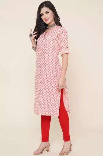 Anushil women cotton butti printed degisn 3/4th sleeves round keyhole neck with button kurti