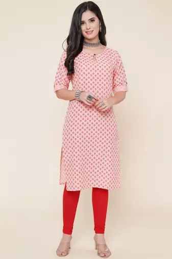 Anushil women cotton butti printed degisn 3/4th sleeves round keyhole neck with button kurti