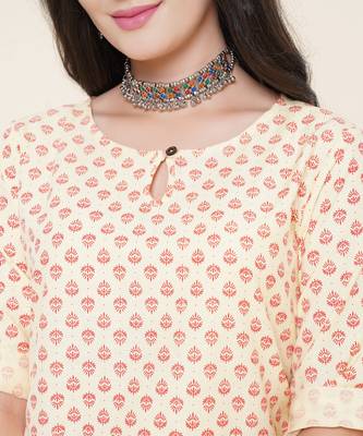 Anushil women cotton butti printed degisn 3/4th sleeves round keyhole neck with button kurti 2