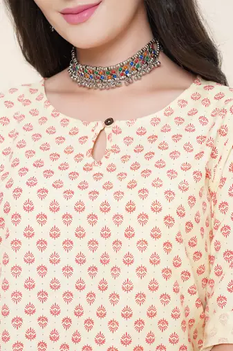 Anushil women cotton butti printed degisn 3/4th sleeves round keyhole neck with button kurti