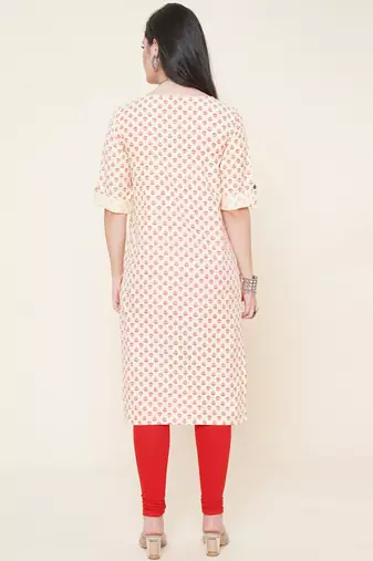 Anushil women cotton butti printed degisn 3/4th sleeves round keyhole neck with button kurti