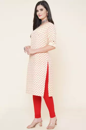Anushil women cotton butti printed degisn 3/4th sleeves round keyhole neck with button kurti