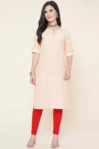 Anushil women cotton butti printed degisn 3/4th sleeves round keyhole neck with button kurti