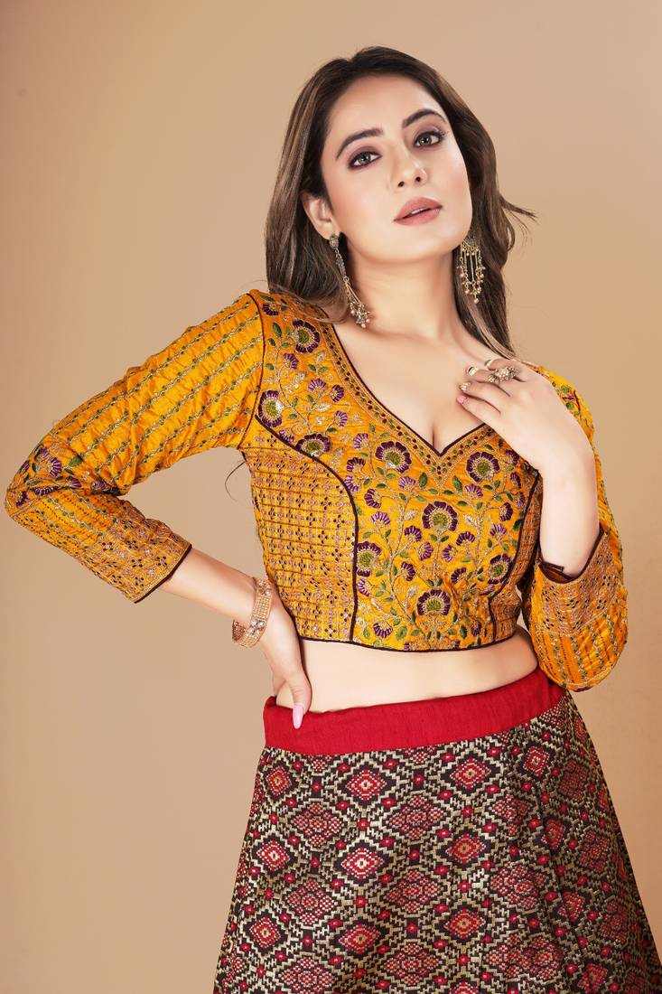 Mustard Embroidered Poly Fusion silk Readymade Blouse Samvegi