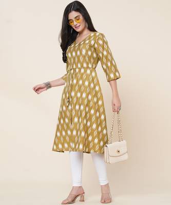 Anushil women angrakha cotton cambric v neck 3/4th sleeves printed kurti with drawstring 1