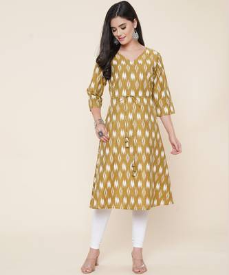 Anushil women angrakha cotton cambric v neck 3/4th sleeves printed kurti with drawstring 3