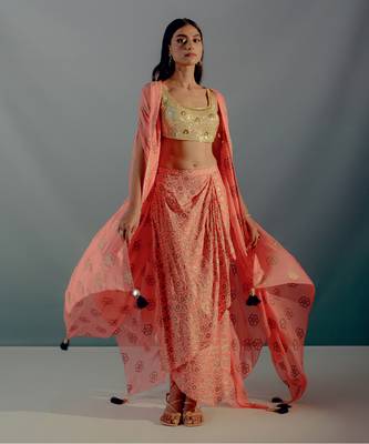 Coral crepe skirt set 2