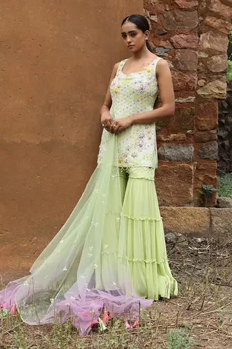 Ivory & green tie dye gharara set