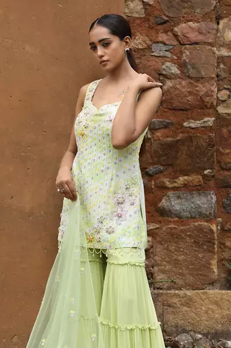 Ivory & green tie dye gharara set