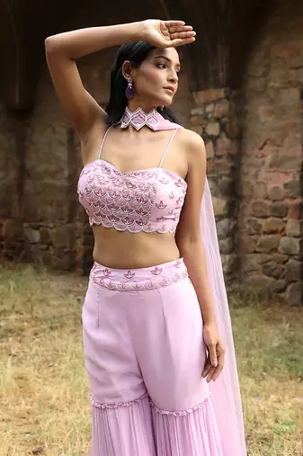 Lilac croptop with gharara and choker dupatta
