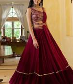 Stunning Wine Georgette Real Mirror With Embroidery Work Lehenga Choli Wedding For Women