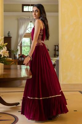 Stunning Wine Georgette Real Mirror With Embroidery Work Lehenga Choli Wedding For Women 2