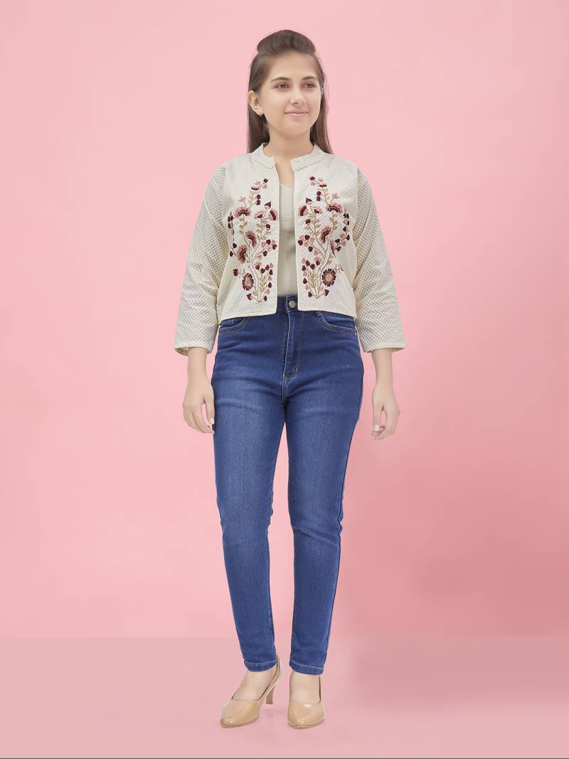 Aarika girls cream-peach color cotton embroidery ethnic jakcet