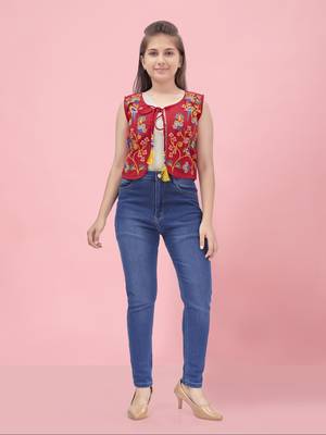 Aarika girls red color cotton ethnic jacket 1