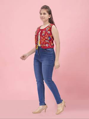 Aarika girls red color cotton ethnic jacket 3