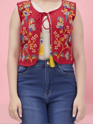 Aarika girls red color cotton ethnic jacket 5