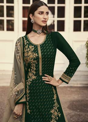 Green Beige Satin Georgette Lehenga Style Semi-Stitched Suit 5