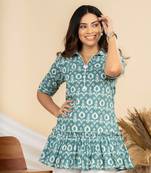 Weavllite women's teal green pure cotton cambric ikat print tunic