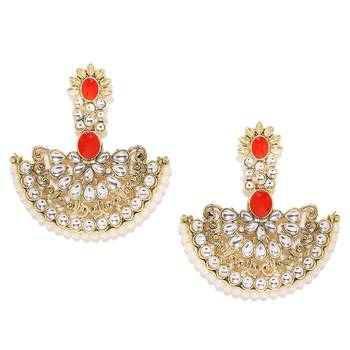 Embellished Red Kundan Stone With White Pearl Chandbali Earring for Women Girls 2