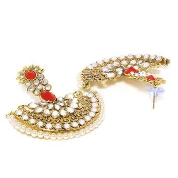 Embellished Red Kundan Stone With White Pearl Chandbali Earring for Women Girls 3