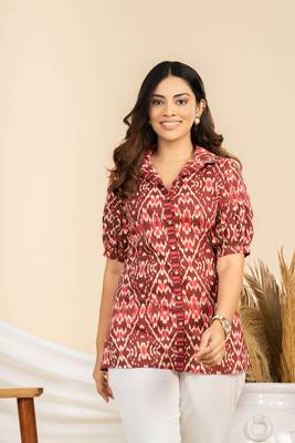 Weavllite women's maroon pure cambric cotton ikat print tunic 1