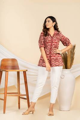 Weavllite women's maroon pure cambric cotton ikat print tunic 2