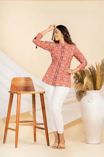 Weavllite women's red pure cambric cotton patola print tunic