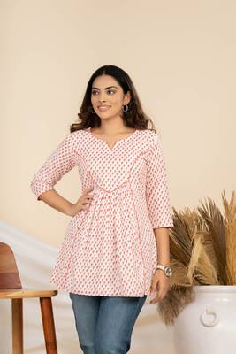 Weavllite women's cream pure cambric cotton block printed tunic 1