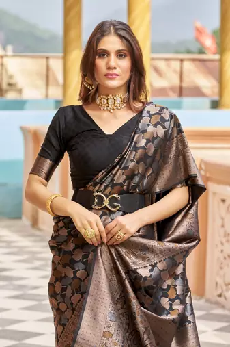 Black kanjivaram silk blend zari Woven Floral Design Casual Wear Women Silk Saree With Blouse