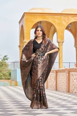 Black kanjivaram silk blend zari Woven Floral Design Casual Wear Women Silk Saree With Blouse 4